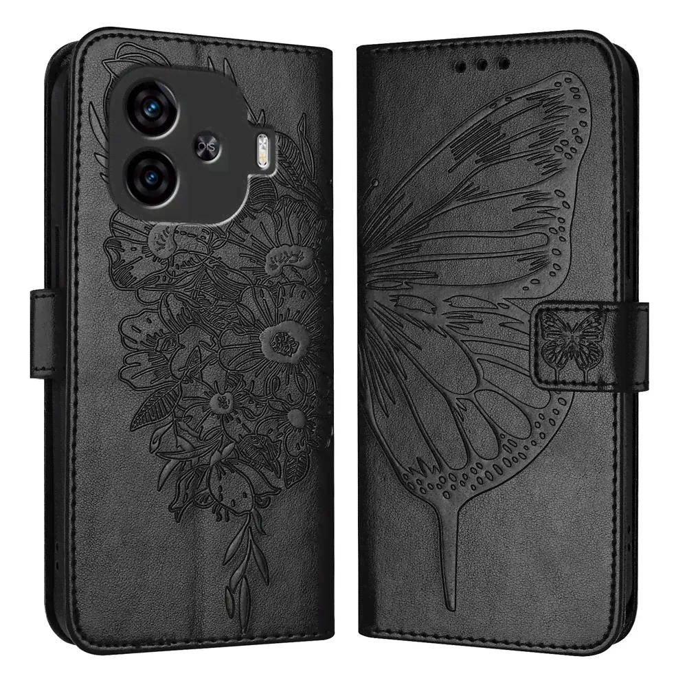 For vivo iQOO Z9 / iQOO Z9 Turbo 5G Embossed Butterfly Leather Phone Case (Black)